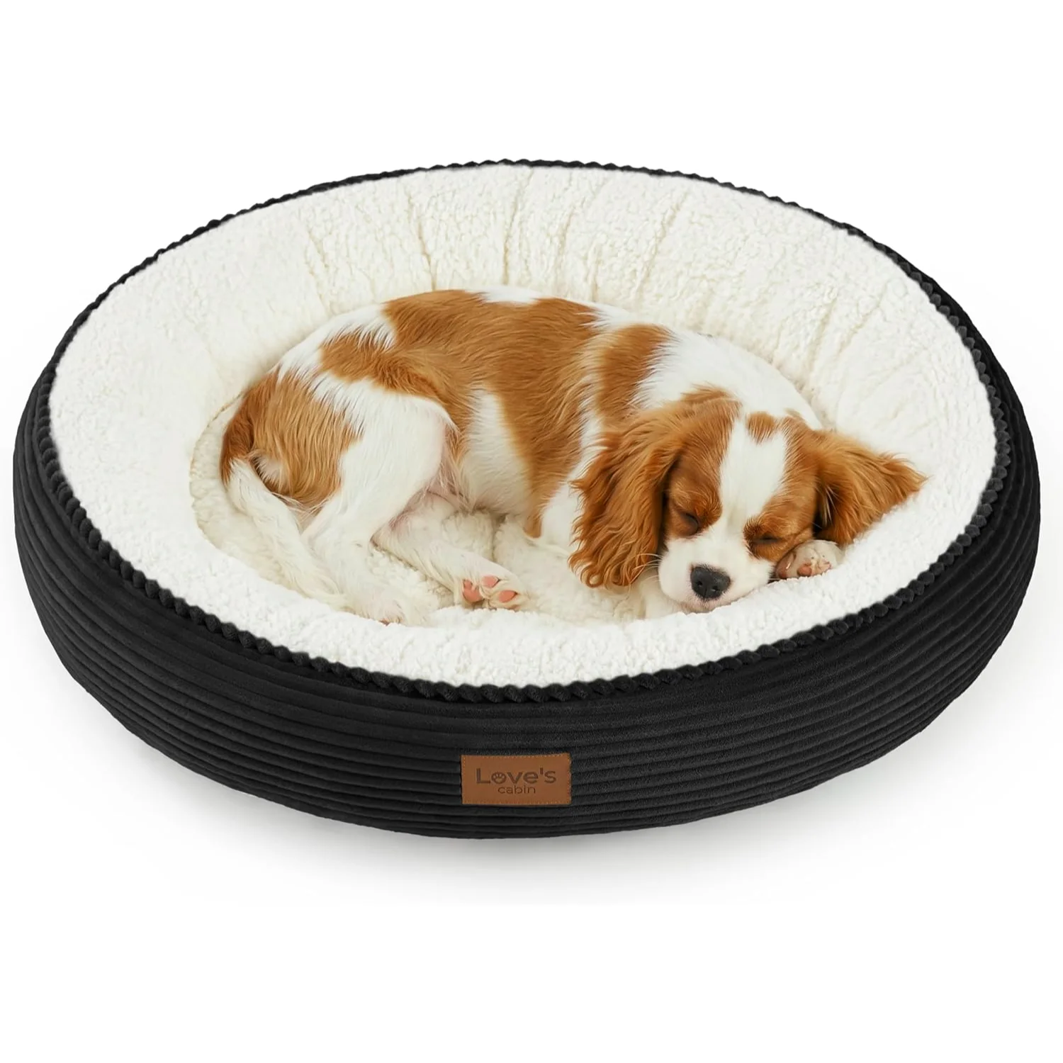 Spaniel asleep in a black Love's Cabin donut bed