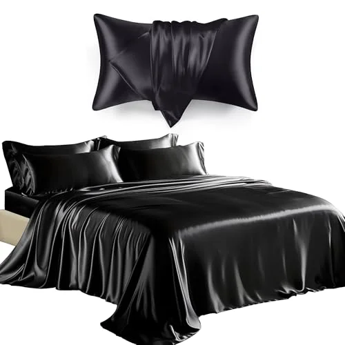 Love's Cabin Satin Pillowcase & Sheet Set in Black