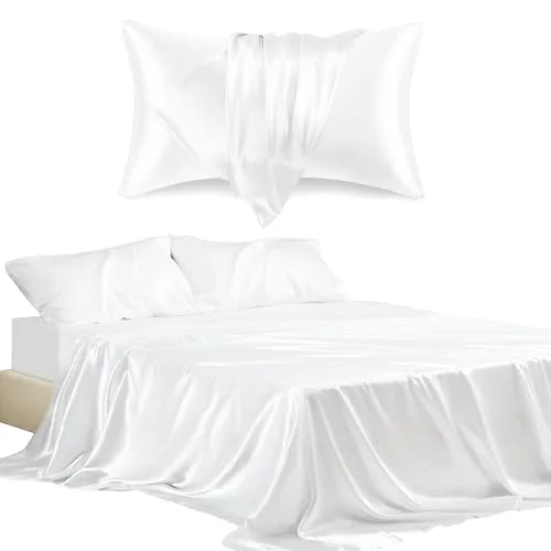 Love's Cabin Satin Pillowcase & Sheet Set in White