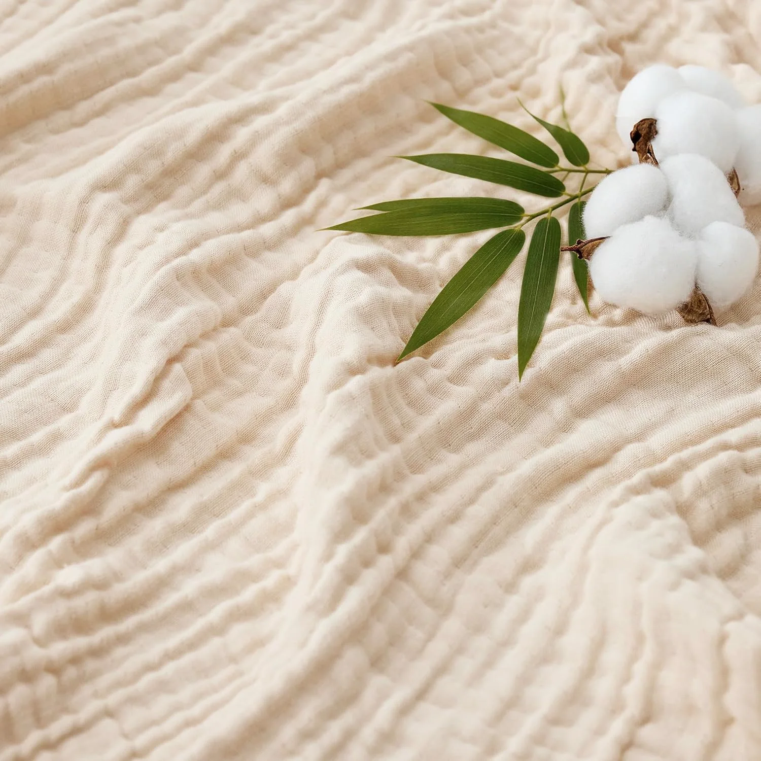 Beige cotton muslin gauze texture with cotton bolls