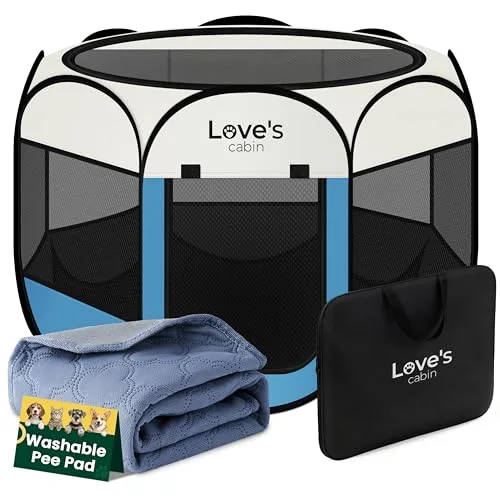 Love's Cabin Foldable Pet Playpen in Blue with Pad