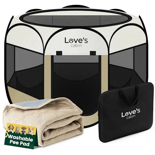 Love's Cabin Foldable Pet Playpen in Khaki with Pad